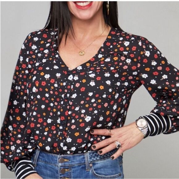 Cabi Women's Cheerful Blouse Sz. Large Floral Print and Striped Cuffs Style 3957 - Picture 1 of 13